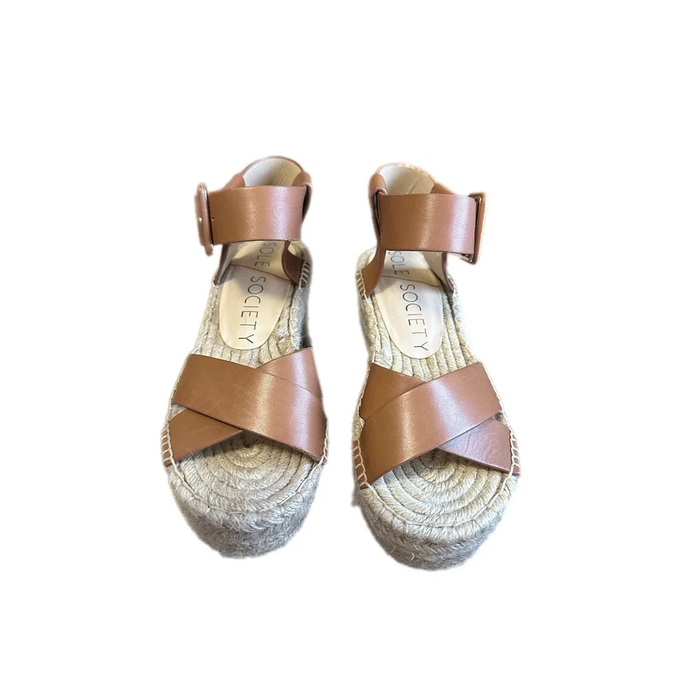Sole Society Espadrille Platform Wedge Sandals‎ Leather Buckle Ankle Strap 6.5
